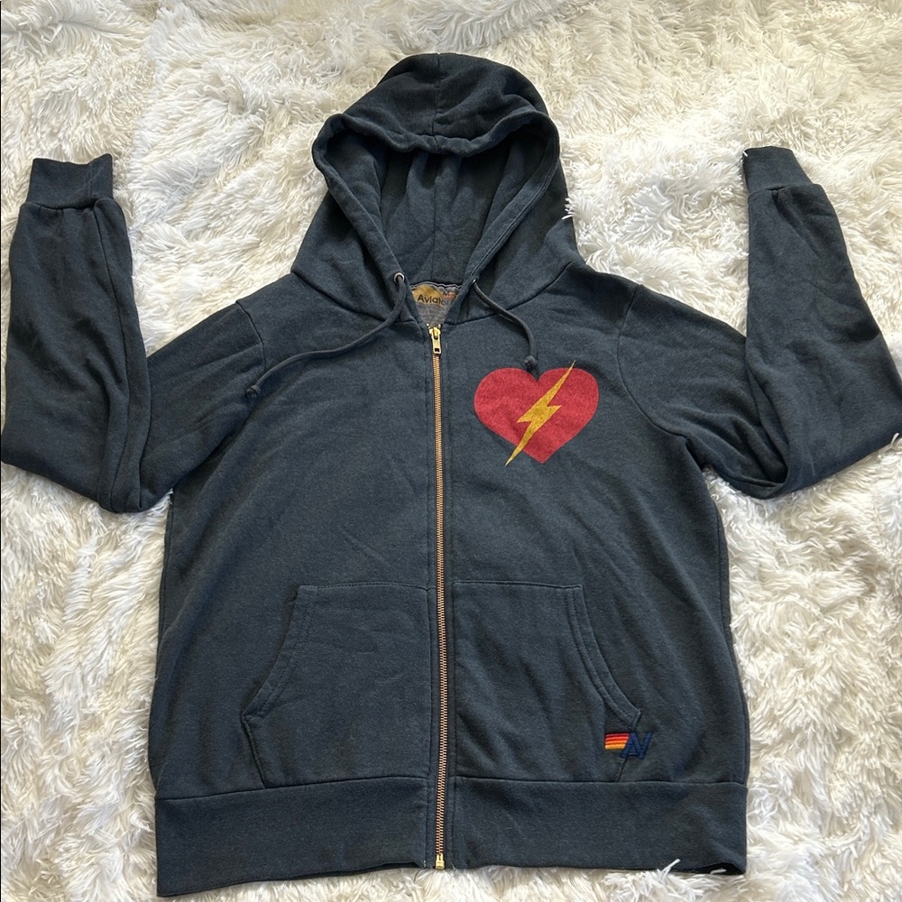 Aviator Nation Charcoal Zip up Hoodie with Red Lightning Heart